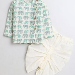 Polka Tots Full Sleeves Elephant Printed Angarkha Kurta With Solid Dhoti - Cream-image-87