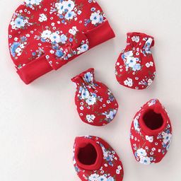 Babyhug 100% Cotton Knit Cap Mittens & Booties Set Floral Print - Red-image-82