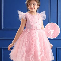 Mark & Mia Sleeveless Party Frock  with Floral Applique & Frill Detailing - Peach-image-87