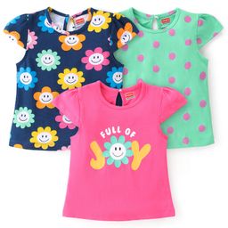 Babyhug Cotton Knit Cap Sleeves Floral & Text Printed T-Shirts Pack of 3 - Pink Green & Navy Blue-image-7