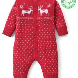 Babyhug Cotton Sweater Knit Full Sleeves Winter Wear Romper with Reindeer Design - Red-image-43