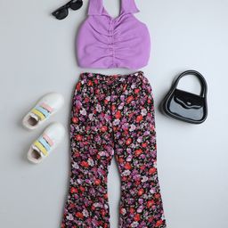 Taffykids Sleeveless Solid Ruched Crop Top With Floral Printed Flared Pant Set - Multi Colour-image-60