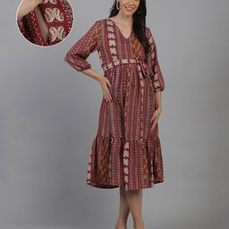 Moms Maternity Three Fourth Sleeves Tribal & Paisley Printed Maternity Midi Dress With Concealed Zipper Nursing Access - Maroon-image-69