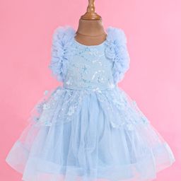 Mark & Mia Frill Sleeves Party Frock with Sequin & Floral Applique - Sky Blue-image-84