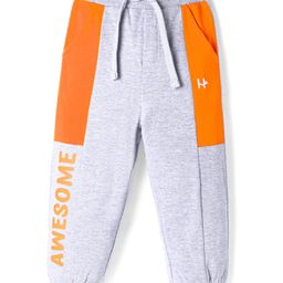 Honeyhap Premium 100% Cotton Knit Full Length Lounge Pants With Cut & Sew Design & Bio Finish Text Print - White Melange & Oriole-image-40