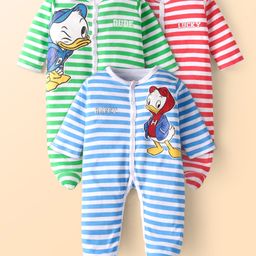Babyhug Disney Interlock Knit Full Sleeves Sleep Suits with Donald Duck Graphics Pack of 3 - Green Blue & Red-image-83