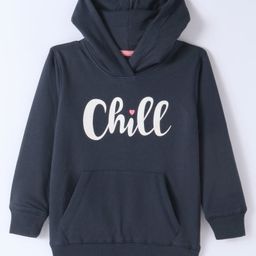 Doreme Cotton Knit Full Sleeves Hooded Sweatshirt Text Print & Kangaroo Pockets - Navy Blue-image-29