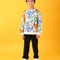 Anthrilo Cotton Blend Full Sleeves Dinosaurs Printed Sweatshirt With Warm Fleece Solid Joggers Set - White & Black-picture-41