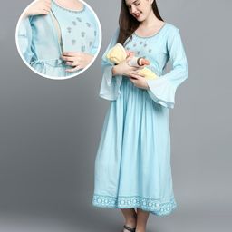 True Shape Three Fourth Bell Sleeves Floral Embroidered Maternity Anarkali Kurta With Concealed Zipper Nursing Access - Sky Blue-13