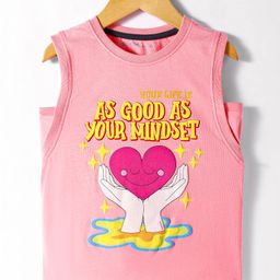 Doreme Cotton Knit Sleeveless Tank T-Shirt With Heart & Text Print - Peach-image-23