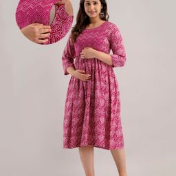 Step Queen Rayon Three Fourth Sleeves Chevron & Paisleys Printed Maternity Dress With Nursing Access - Pink-image-85