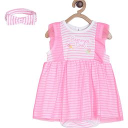 MINI KLUB Cotton Sleeveless Striped & Ice Cream Printed Frock Style Onesie With Headband - Neon Pink-image-64