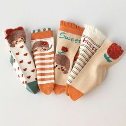 Kidofash Cotton Pack Of 5 Hearts & Cute Girl Designed Socks - Orange-image-69