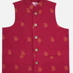 Little Bansi Cotton Woven Sleeveless Paisley Printed Nehru Jacket - Maroon-image-96