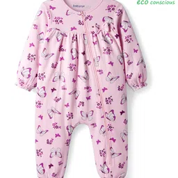 Babyoye 100% Cotton Knit Full Sleeves Side Zipper Romper with Eco Jiva Finish Butterfly Print & Bow Applique - Pink-picture-43