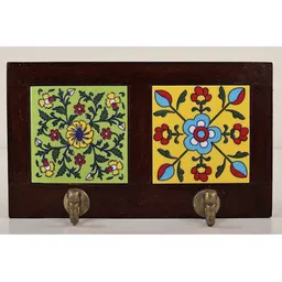 Exotic India Green & Yellow 1-Piece Printed Double Tiled Wooden Framed Hooks-24