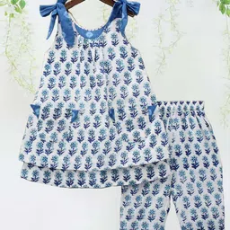 White World Girls Floral Printed Sleeveless Kurti with Trousers-image-2