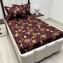 Pure Decor Brown & Cream-Coloured Floral Single Bedsheet with 2 Pillow Covers-image-55