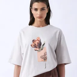 RAREISM Floral Printed Drop-Shoulder Sleeves Oversized Cotton T-shirt-image-64