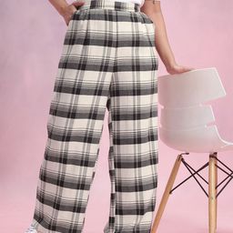 DressBerry Curve Plus Size Women Tartan Checks Pure Cotton Flared Fit Wide Leg Trousers-image-39