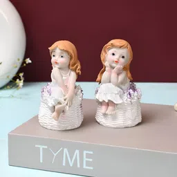 TAYHAA White & Brown 2 Pieces Little Girl With Floral Baskets Figurine Showpiece-image-14