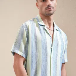 LOCOMOTIVE Premium Men LimeMocklino Textured Cuban Collar Relaxed Fit Shirt-image-93