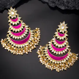 Peora Gold-Plated Kundan Studded & Beaded Floral Shaped Drop Earrings-3