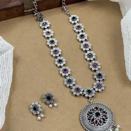 NAMAN ARTS Silver-Plated Stone Studded & Beaded Oxidised Jewellery Set-image-95