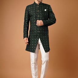 Dulha Ghar Embroidered Mandarin Collar Velvet Indo Western Sherwani Set-50