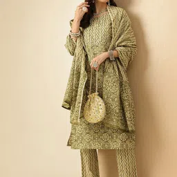 Jaipur Kurti Floral Printed Round Neck Pure Cotton Straight Kurta With Trousers & Dupatta-picture-45