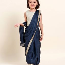 Babyhug Silk Sleeveles Sequenced Choli with Ready to Wear Saree- Navy-image-72