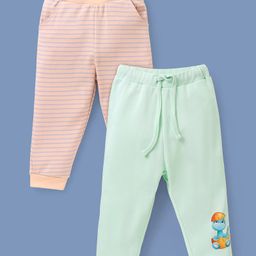Babyoye Eco Conscious Cotton Eco Jiva Striped & Dino Print Full Length Lounge Pants Pack of 2 - Green & Peach-picture-0