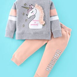 Pepito Full Sleeves Fleece Winter Wear Suit Unicorn Print - Grey Melange-image-9