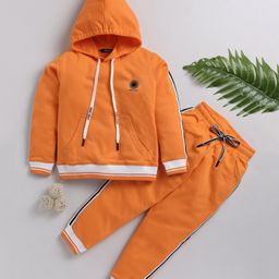 TOONYPORT Full Sleeves Placement Printed Cotton Hooded Tee & Pant Set - Orange-image-41