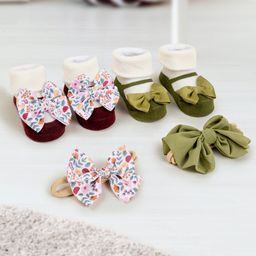 Baby Moo Pack Of 4 Bow Embellished Cotton Socks With Coordinating Headbands - Green-image-53