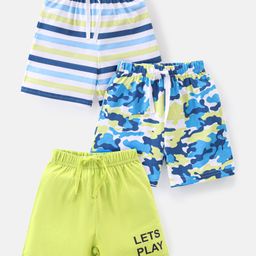 Babyhug Cotton Single Jersey Knit Shorts Striped & Camouflage Print Pack Of 3 - Blue White & Green-image-93