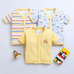 BUMZEE Pack Of 3 Half Sleeves Striped & Vehicles Printed Jhablas - Sky Blue & Yellow-picture-30