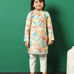 READIPRINT Full Sleeves Water Colour Effect & Floral Printed Chanderi Silk Kurta  With Pyjama - Multi Colour-image-5