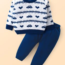 Babyhug Knitted Full Sleeves Sweater Set with Car & Heart Design - White & Navy Blue-image-43