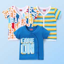 Babyhug 100% Cotton Knit Half Sleeves Set of Vets Striped & Text Print Pack of 3 - Multicolour-picture-4