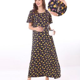 Bella Mama Cotton Knit Half Sleeves Maternity Nursing Nighty with Concealed Zipper Floral Print - Black-picture-46