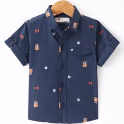 Dew Drops Poplin Knit Half Sleeves Bear Printed Shirt- Navy Blue-image-43