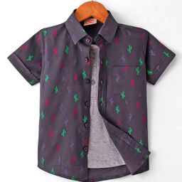 Rikidoos Half Sleeves Cactus Printed Shirt With Attached Tee - Black & Melange-image-98