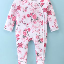ToffyHouse Cotton Knit Full Sleeves Footed Romper Floral Print - Light Pink-picture-28