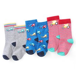 Cute Walk by Babyhug Knit Anti-Bacterial Ankle Length Socks with Striped & Car Design Pack of 3 - Blue Pink & Grey-image-89