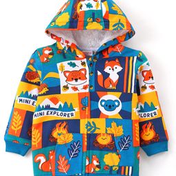 Babyhug Cotton Knit Full Sleeves Hooded Sweatshirts with Animals Print & Kangaroo Pockets - Blue & Yellow-image-69