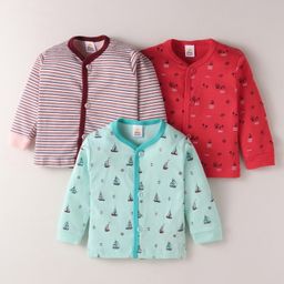 Mini Donuts Interlock Knit Full Sleeves Front Open Vests with Stripes & Boat Print Pack of 3 - Sea Green Peach & Red-image-60