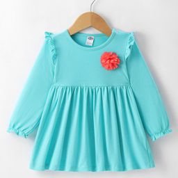 Zero Sinker Knit Full Peasant Sleeves Solid Colour Frock with Floral Applique - Aqua Blue-picture-26