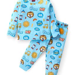 Babyhug Cotton Knit Full Sleeves Night Suit Lion Print- Sky Blue-image-9