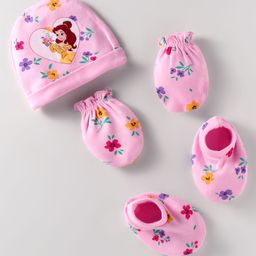 Babyhug Disney Cotton Knit Caps Mittens & Booties Set with Disney Princess Graphic - Pink-image-27